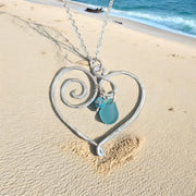 Wire Wrapped Heart Necklace with Sea Glass, Heart Pendant Necklace, Beach Glass Heart Necklace, Love Heart Necklace,Statement Wired Necklace